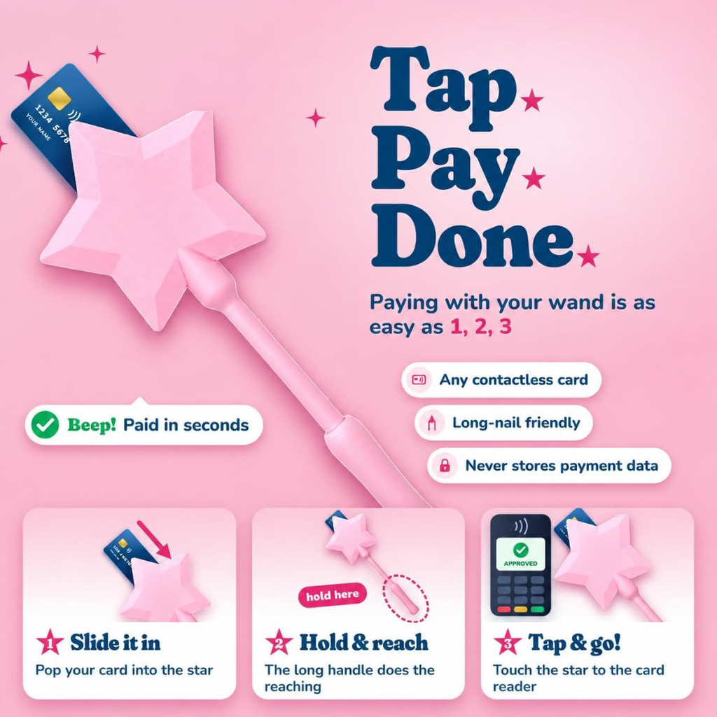 Three photographs showing a bank card being slid into the slot, the wand held by its handle and extended toward a payment terminal, and the head touching the terminal with an approved message