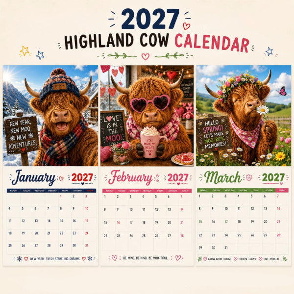 2027 Funny Highland Cow Wall Calendar | A4 Hanging Calendar
