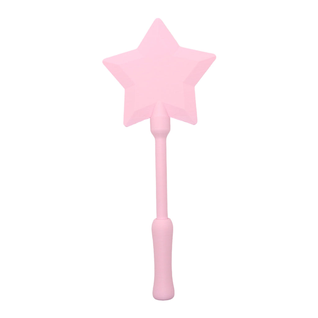 A blush pink wand card holder topped with a five point star, with a solid pink handle, on a white background